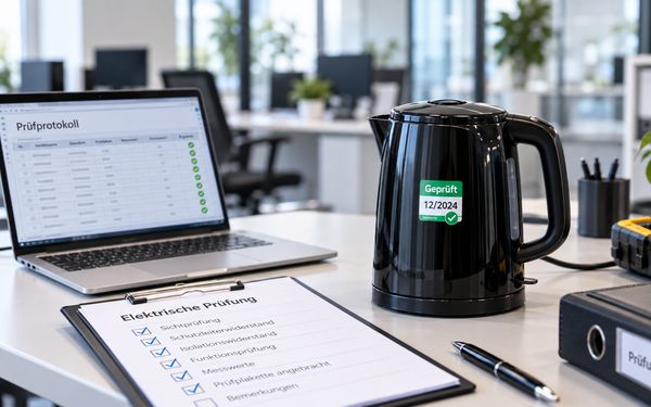 Geprüftes elektrisches Gerät mit Prüfplakette auf einem Schreibtisch in moderner Büroumgebung, daneben Prüfprotokoll, Laptop und Prüfunterlagen.