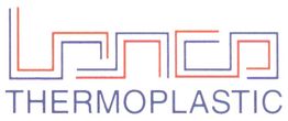 Logo aus Linien mit Text "THERMOPLASTIC" darunter in Blau und Rot.