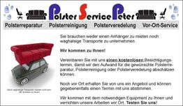 Ein Auto transportiert ein großes rotes Sofa. Werbung für Polsterreparatur- und Reinigung.