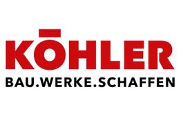KÖHLER Logo mit Slogan "BAU.WERKE.SCHAFFEN" in roten und schwarzen Buchstaben.