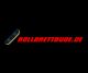Schwarzes Skateboard-Logo mit rotem Text: "ROLLBRETTBUDE.DE".
