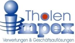 Blaues und rotes Logo mit Schriftzug "Tholen Impex" und "Verwertungen & Geschäftsauflösungen".