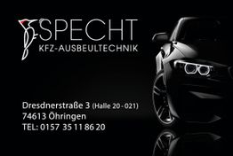 Specht KFZ-Ausbeultechnik, Adresse und Telefonnummer, schwarzes Auto im Hintergrund.