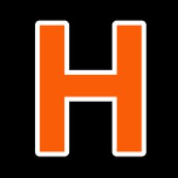 Orangefarbener Buchstabe "H" mit weißem Rand auf schwarzem Hintergrund.