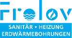 Logo von Frolov: Sanitär, Heizung, und Erdwärmebohrungen in blauem Text mit Symbolen.