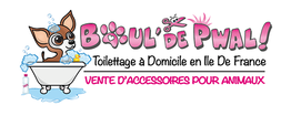 Chihuahua dans un bain moussant, texte "Bouul' de Pwal" et "Vente d'accessoires pour animaux".