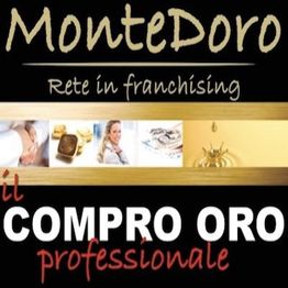 "Logo MonteDoro, franchising compro oro professionale con immagini di oro e una persona sorridente."