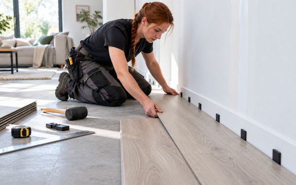 Eine Bodenlegerin mit rotem Zopf verlegt Klick-Vinyl in Holzoptik und hält mithilfe von Abstandskeilen die erforderliche Dehnungsfuge zur Wand ein.