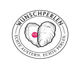 Wunschperlen-Logo mit roter Perle in Auster, Schriftzug: "Echte Austern. Echte Perlen."