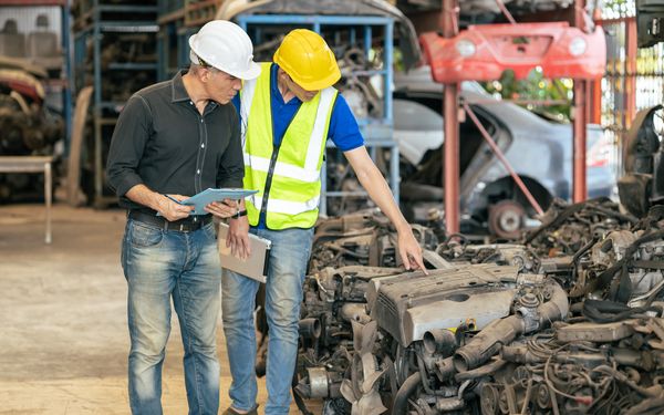 Mittarbeiter eines Schrottplatzes nehmen den Bestand eines zu verschrottenden Autos auf.