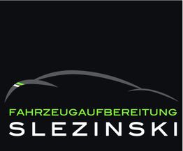 Logo mit stilisiertem Auto und Text: "Fahrzeugaufbereitung Slezinski" auf schwarzem Hintergrund.