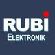 Logo „RUBI Elektronik“ auf dunkelblauem Hintergrund mit einem roten Punkt über dem „I“.