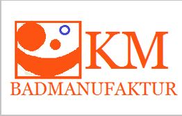 Logo der KM Badmanufaktur in orange und blau mit geometrischen Formen.