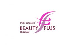 Logo von "Beauty Plus" in Duisburg mit pinken und lila Akzenten und dem Slogan "Mehr Schönheit".