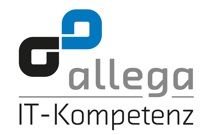 Logo mit zwei verschlungenen Ringen und dem Text "allega IT-Kompetenz" in Grau und Blau.