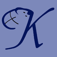 Blauer Buchstabe "K" mit stilisiertem Basketball und Gesicht auf blauem Hintergrund.