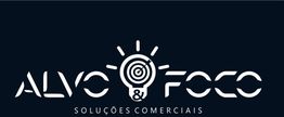 Logo "Alvo & Foco Soluções Comerciais" com alvo em uma lâmpada, fundo azul escuro.