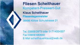 Visitenkarte von Fliesen Scheithauer mit Kontaktinformationen und Logo.