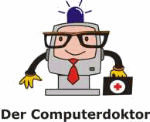 Ein Computer mit Brille und Krawatte trägt eine Tasche mit rotem Kreuz. Text: Der Computerdoktor.