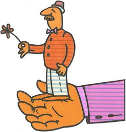 Karikatur eines Mannes mit Anzug und Blume, stehend auf einer großen Hand, mit gestreiftem Hemd.