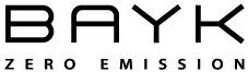 Textlogo: "BAYK" darüber, "ZERO EMISSION" darunter, in schwarzer Schrift auf weißem Hintergrund.