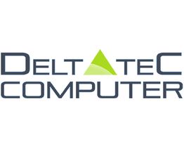 Logo mit Text „Deltatec Computer“ in grauer Schrift, grünes Dreieck ersetzt den Buchstaben A.