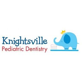 Logo of Knightsville Pediatric Dentistry with a blue elephant wearing a crown next to a toothbrush.