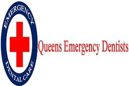 Logo with a red cross and text: "Queens Emergency Dentists".