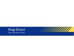Banner mit blauem Hintergrund: "Klug-Direct" und "Ideen, Konzepte & Texte". Gelbe Streifen rechts.