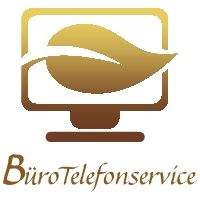Ein goldenes Blatt im Monitor, Text "BüroTelefonservice" darunter.