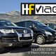 Tre veicoli neri parcheggiati con sfondo montuoso, logo "HF Viaggi", noleggio in Trentino.