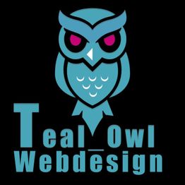 Logo mit einer türkisfarbenen Eule und Text "Teal Owl Webdesign" auf schwarzem Hintergrund.
