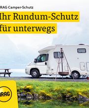 Wohnmobil am See mit ARAG-Werbung: "Ihr Rundum-Schutz für unterwegs".