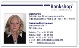Visitenkarte von Doris Schulz, Finanzanlagenvermittlerin, Kontaktinfos, Bankshop Repräsentanz.