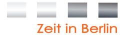 Vier graue quadratische Farbverläufe, darunter steht in Orange "Zeit in Berlin".