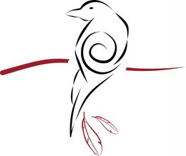 Abstrakter Vogel auf Ast, schwarz-rot mit Spiralmuster und Federn.