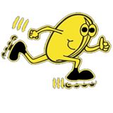 Gelbe Bohne mit Rollschuhen und Daumen hoch, bewegt sich dynamisch auf weißem Hintergrund.