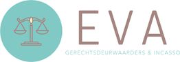 Logo van EVA met een weegschaal in een cirkel, tekst "Gerechtsdeurwaarders & Incasso".
