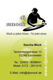 Visitenkarte von DJ Smock mit Kontaktdaten und Slogan "Musik zu jedem Anlass – Für jeden etwas".