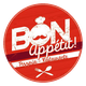 Logo circular rojo con texto: "BON Appétit! Pizzería - Restaurante". Icono de cuchara y tenedor.