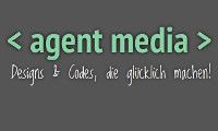 "< agent media > Designs & Codes, die glücklich machen!" auf grauem Hintergrund.