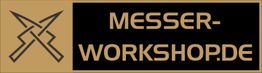 Logo mit gekreuzten Messern und Text "Messer-Workshop.de" in Braun und Schwarz.