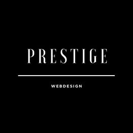 Schwarzes Bild mit weißem Text: "PRESTIGE" oben, "WEBDESIGN" unten, getrennt durch eine Linie.