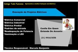 Cartão de serviços elétricos, lista de serviços e contato telefônico destacada.