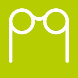 Logo bianco stilizzato di occhiali su sfondo verde brillante.