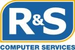 R&S Computer Services Logo: Blauer Hintergrund, gelber Rand, weiße Schrift.