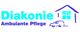 Logo der Diakonie mit Text "Ambulante Pflege", Haus- und Autosymbol in Blau.