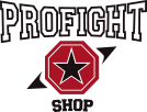 Logo mit schwarzem Text "PROFIGHT SHOP" und rotem Oktagon mit schwarzem Stern in der Mitte.