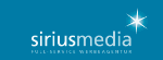 Logo von Sirius Media: weißer Text auf blauem Hintergrund mit einem Sternsymbol rechts oben.