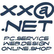 Text auf blauem Hintergrund: "XX@.NET, PC.SERVICE, WEB.DESIGN, ONLINE.SHOP" in stilisierter Schrift.